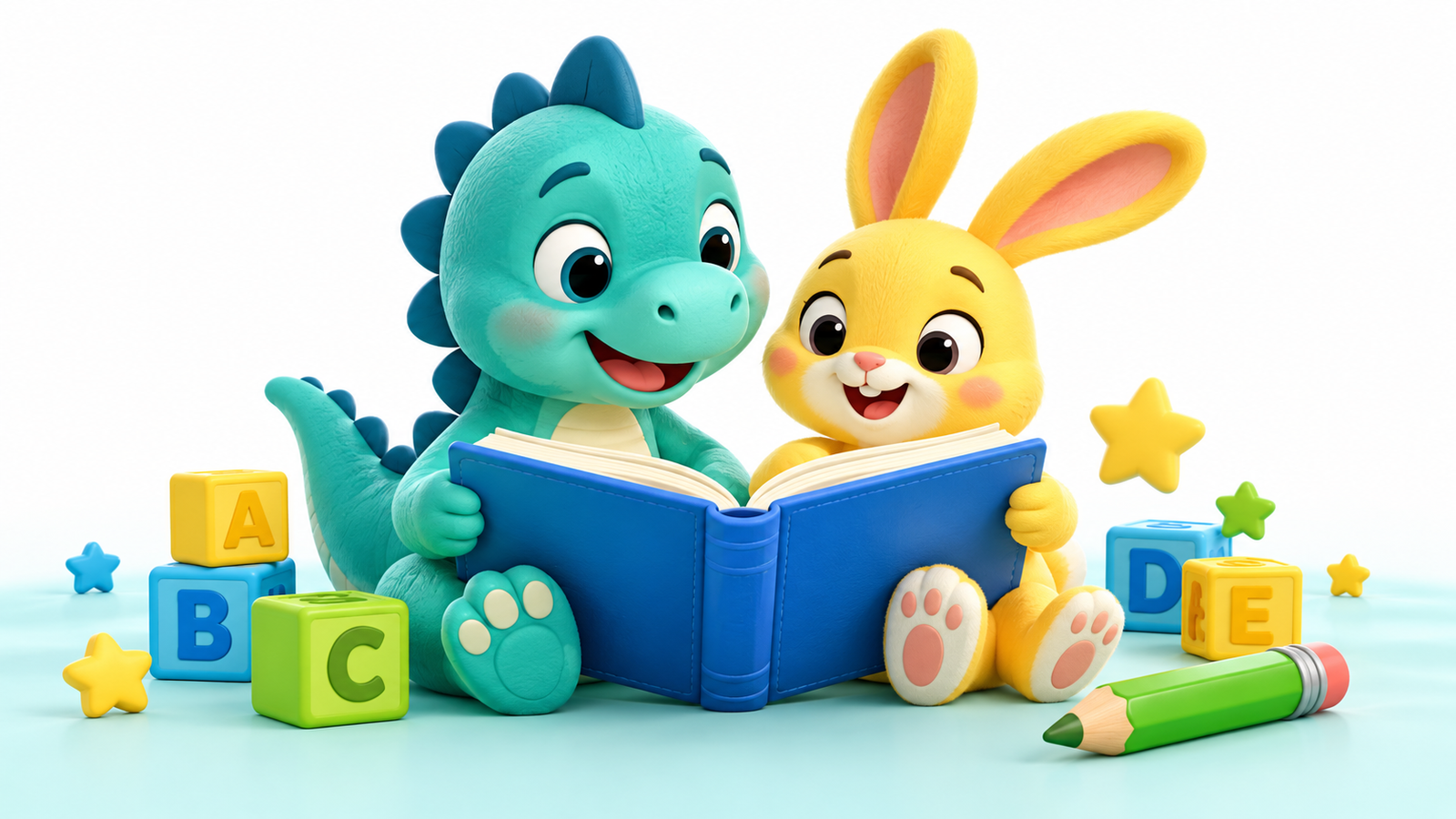 A friendly dinosaur and rabbit reading together